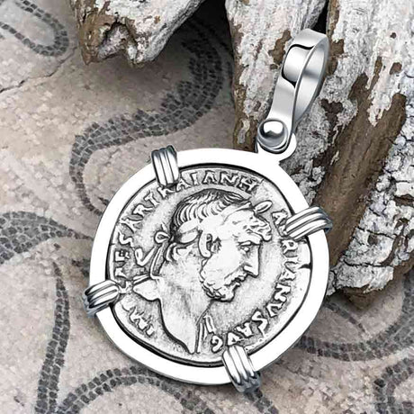 Roman Empire Silver Denarius Coin of Hadrian, the Builder 119 AD 14K White Gold Pendant