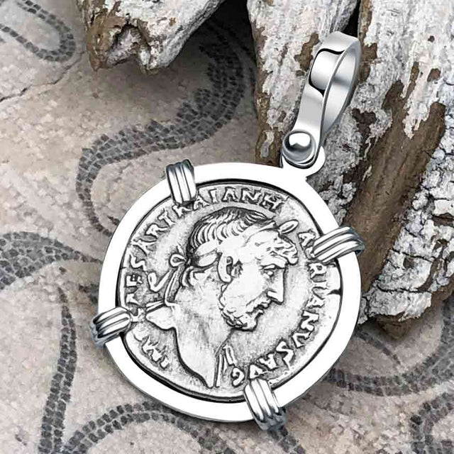 Roman Empire Silver Denarius Coin of Hadrian, the Builder 119 AD 14K White Gold Pendant
