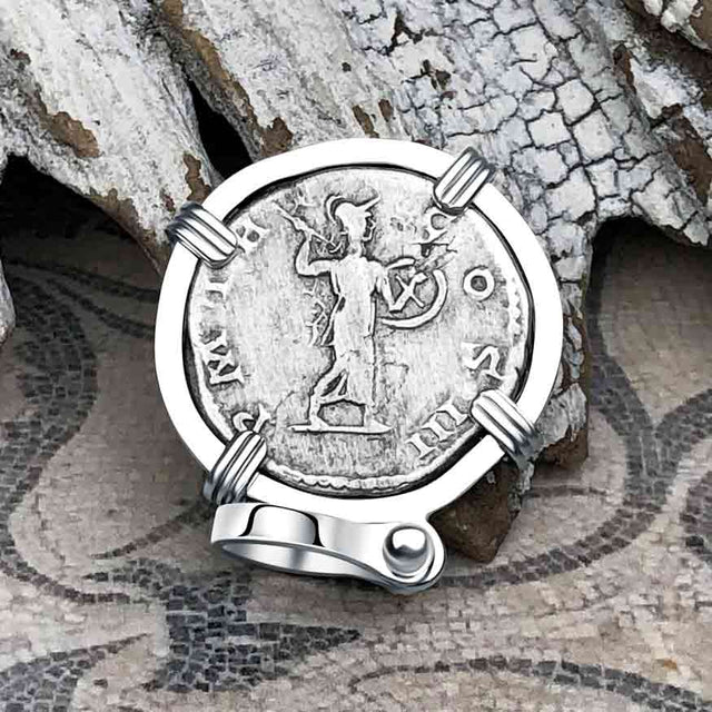 Roman Empire Silver Denarius Coin of Hadrian, the Builder 119 AD 14K White Gold Pendant