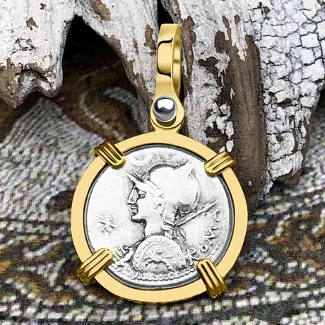 Roman Republic Silver Denarius 113 BC Roma & the Voters 14K Gold Pendant 