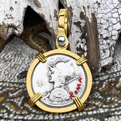 Roman Republic Silver Denarius 113 BC Roma & the Voters 14K Gold Pendant 
