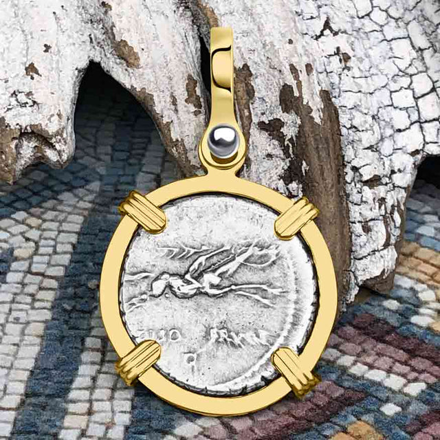 Roman Republic Silver Denarius 90 BC Apollo and the Horseman Coin 14K Gold Pendant