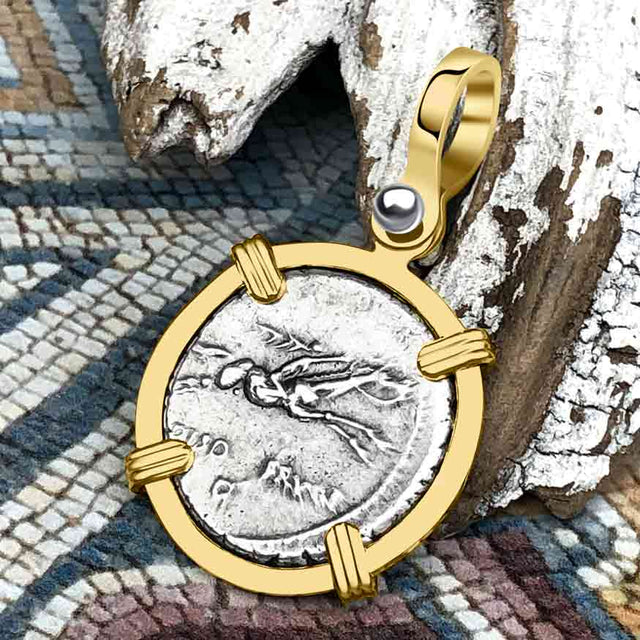 Roman Republic Silver Denarius 90 BC Apollo and the Horseman Coin 14K Gold Pendant