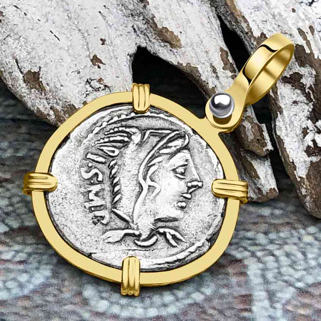 Roman Republic Silver Denarius 105 BC Juno and the Bull 14K Gold Pendant | Artifact #3795