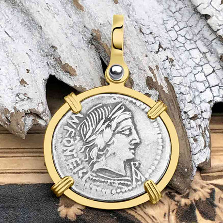 Roman Republic Silver Denarius with Apollo Coin 85 BC 14K Gold Pendant