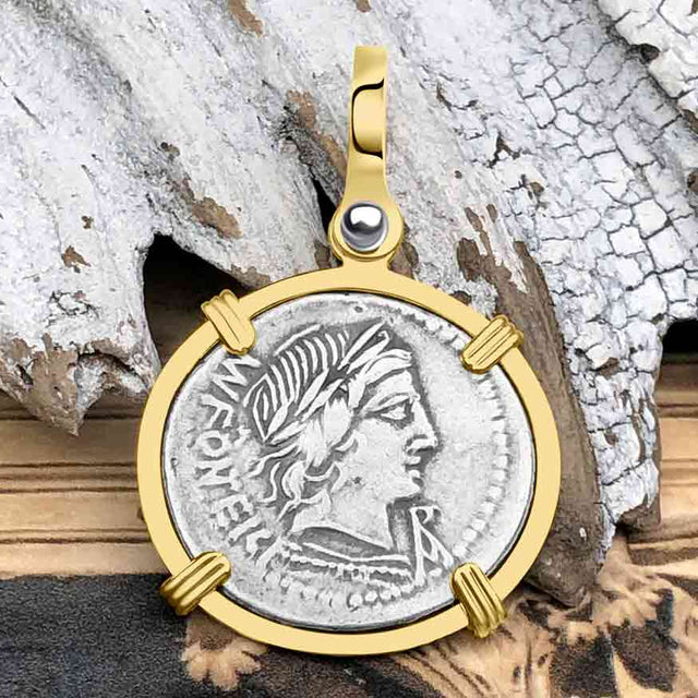Roman Republic Silver Denarius with Apollo Coin 85 BC 14K Gold Pendant