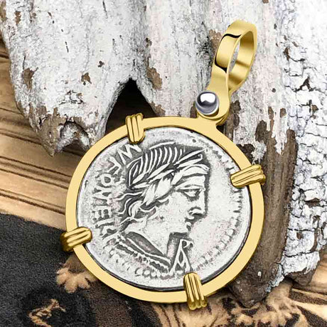 Roman Republic Silver Denarius with Apollo Coin 85 BC 14K Gold Pendant