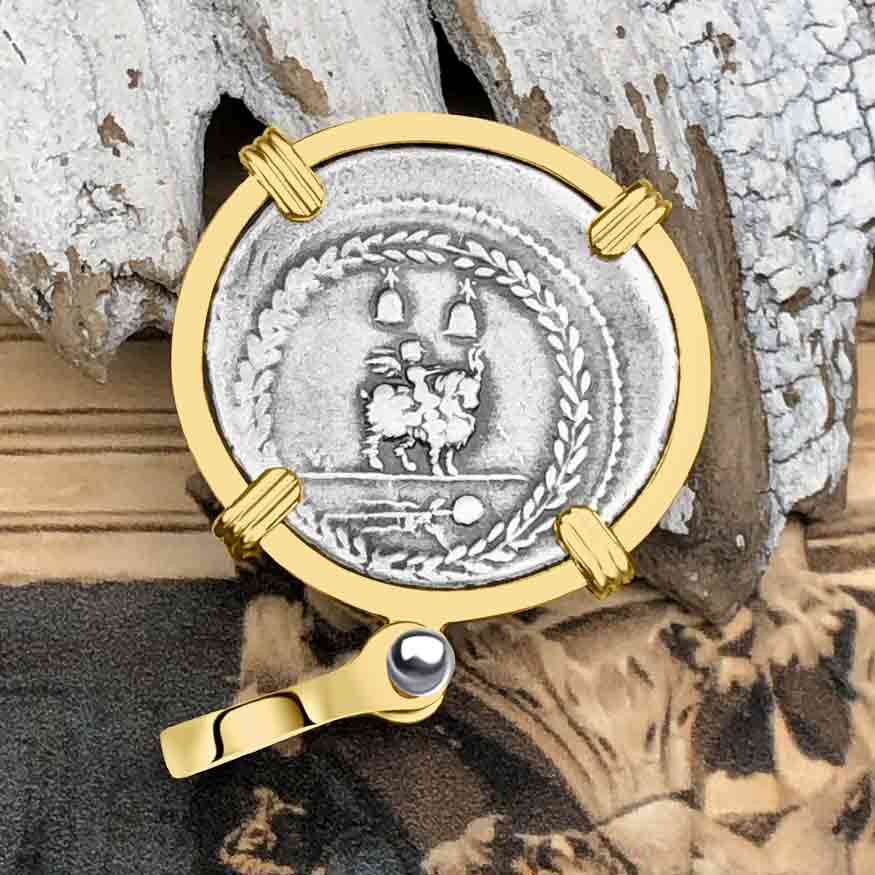Roman Republic Silver Denarius with Apollo Coin 85 BC 14K Gold Pendant