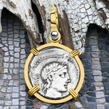 Roman Republic Silver Denarius 90 BC Apollo and Minerva 14K Gold Pendant 