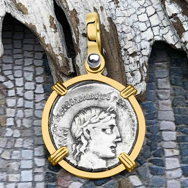 Roman Republic Silver Denarius 90 BC Apollo and Minerva 14K Gold Pendant 