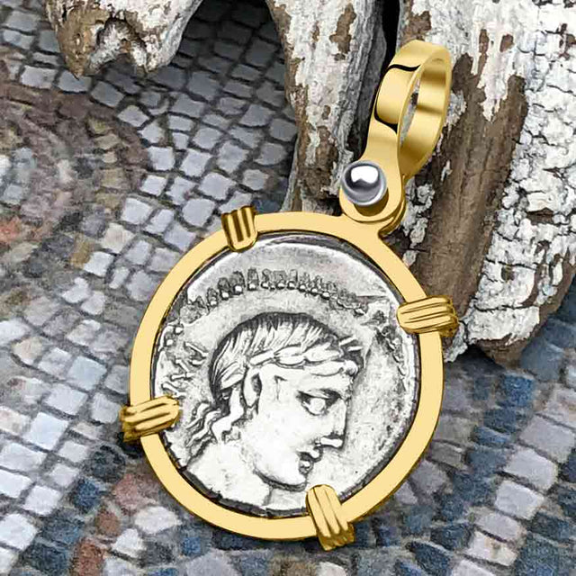 Roman Republic Silver Denarius 90 BC Apollo and Minerva 14K Gold Pendant 