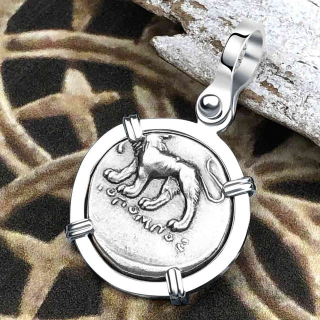 Ancient Greek Lion & Apollo Miletos Silver Drachm 350 BC Sterling Silver Pendant