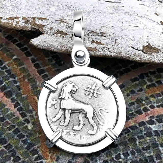 Ancient Greek Lion & Apollo Miletos Silver Drachm 350 BC Sterling Silver Pendant