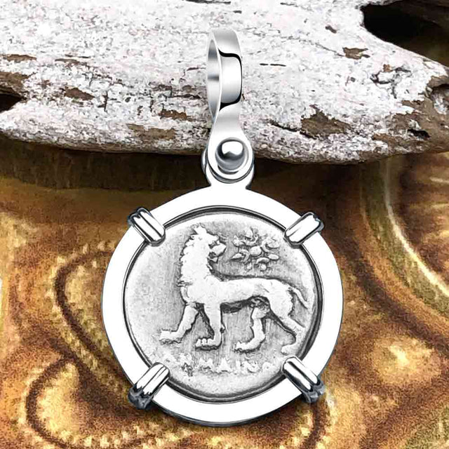 Ancient Greek Lion & Apollo Miletos Silver Drachm 350 BC Sterling Silver Pendant