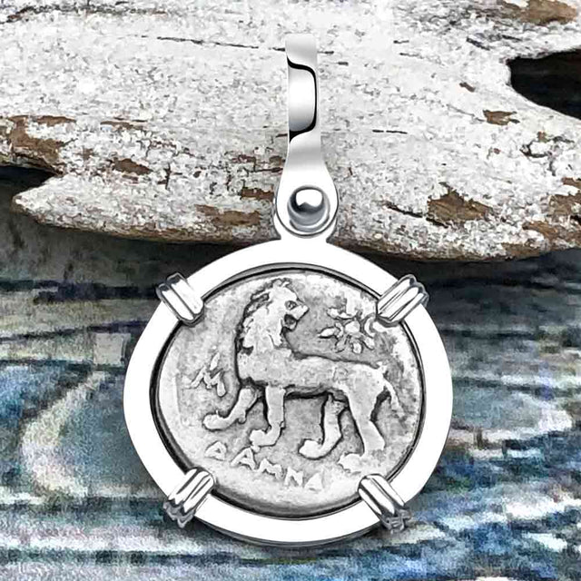 Ancient Greek Lion & Apollo Miletos Silver Drachm 350 BC Sterling Silver Pendant