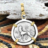 Ancient Greek Lion & Apollo Miletos Silver Drachm 350 BC 14K Gold and Sterling Silver Pendant