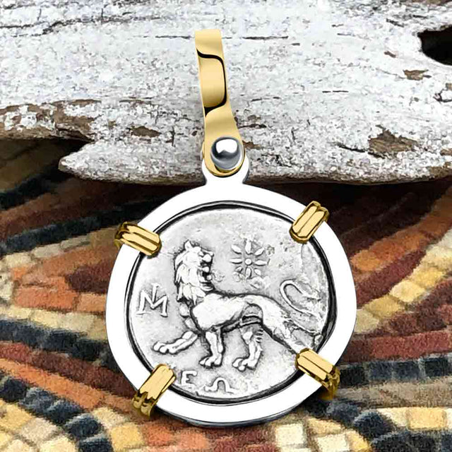 Ancient Greek Lion & Apollo Miletos Silver Drachm 350 BC 14K Gold and Sterling Silver Pendant