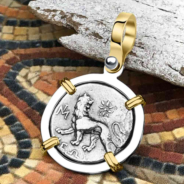 Ancient Greek Lion & Apollo Miletos Silver Drachm 350 BC 14K Gold and Sterling Silver Pendant