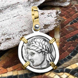 Ancient Greek Lion & Apollo Miletos Silver Drachm 350 BC 14K Gold and Sterling Silver Pendant