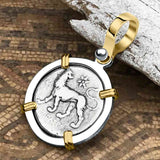 Ancient Greek Lion & Apollo Miletos Silver Drachm 350 BC 14K Gold and Sterling Silver Pendant