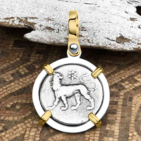 Ancient Greek Lion & Apollo Miletos Silver Drachm 350 BC 14K Gold and Sterling Silver Pendant