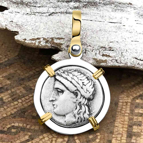 Ancient Greek Lion & Apollo Miletos Silver Drachm 350 BC 14K Gold and Sterling Silver Pendant