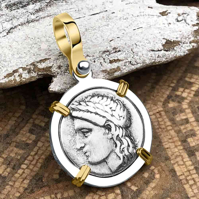 Ancient Greek Lion & Apollo Miletos Silver Drachm 350 BC 14K Gold and Sterling Silver Pendant