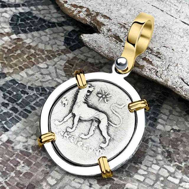 Ancient Greek Lion & Apollo Miletos Silver Drachm 350 BC 14K Gold and Sterling Silver Pendant