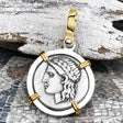 Ancient Greek Lion & Apollo Miletos Silver Drachm 350 BC 14K Gold and Sterling Silver Pendant