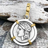 Ancient Greek Lion & Apollo Miletos Silver Drachm 350 BC 14K Gold and Sterling Silver Pendant