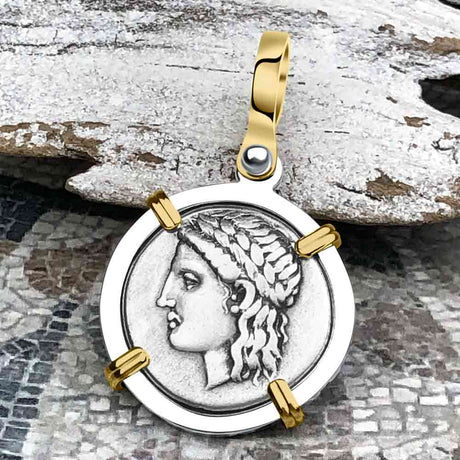 Ancient Greek Lion & Apollo Miletos Silver Drachm 350 BC 14K Gold and Sterling Silver Pendant
