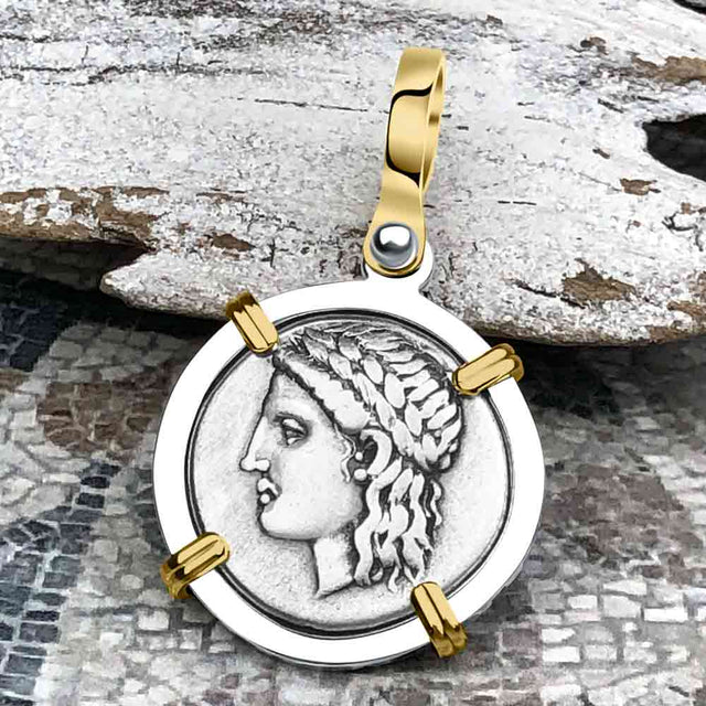 Ancient Greek Lion & Apollo Miletos Silver Drachm 350 BC 14K Gold and Sterling Silver Pendant