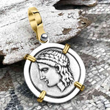 Ancient Greek Lion & Apollo Miletos Silver Drachm 350 BC 14K Gold and Sterling Silver Pendant