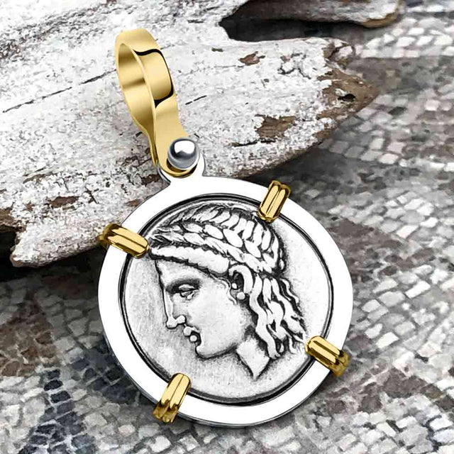 Ancient Greek Lion & Apollo Miletos Silver Drachm 350 BC 14K Gold and Sterling Silver Pendant