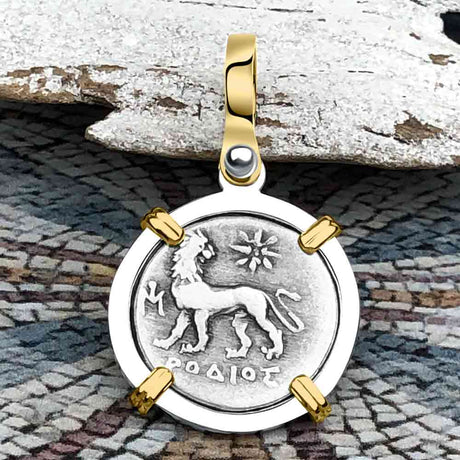 Ancient Greek Lion & Apollo Miletos Silver Drachm 350 BC 14K Gold and Sterling Silver Pendant