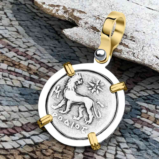 Ancient Greek Lion & Apollo Miletos Silver Drachm 350 BC 14K Gold and Sterling Silver Pendant
