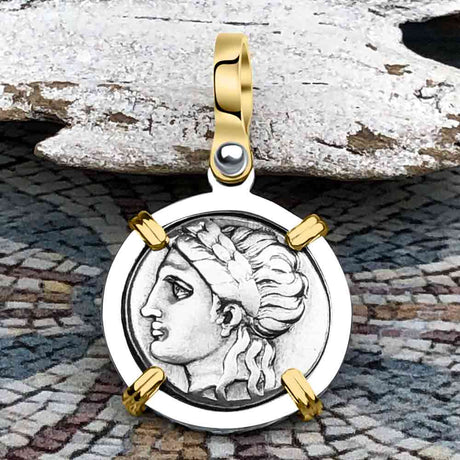 Ancient Greek Lion & Apollo Miletos Silver Drachm 350 BC 14K Gold and Sterling Silver Pendant