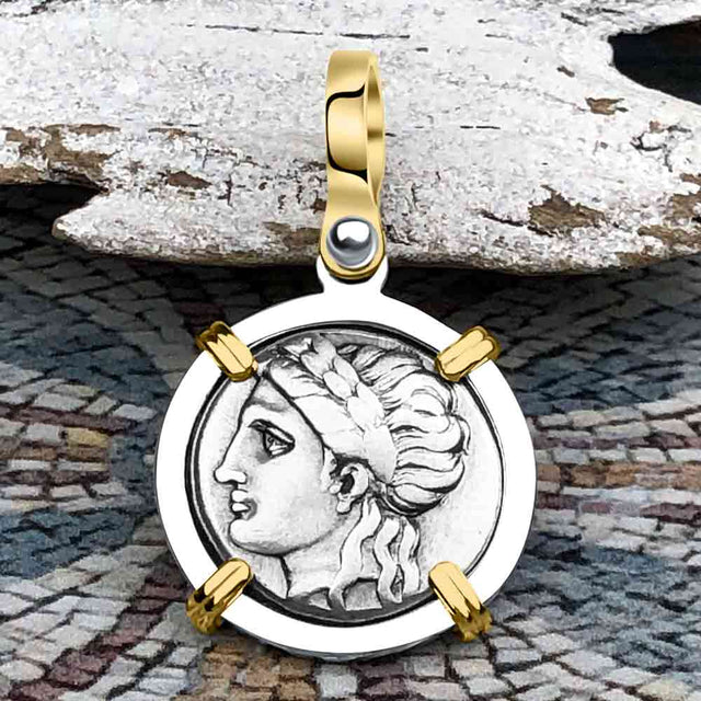 Ancient Greek Lion & Apollo Miletos Silver Drachm 350 BC 14K Gold and Sterling Silver Pendant