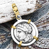 Ancient Greek Lion & Apollo Miletos Silver Drachm 350 BC 14K Gold and Sterling Silver Pendant