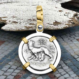 Ancient Greek Lion & Apollo Miletos Silver Drachm 350 BC 14K Gold and Sterling Silver Pendant