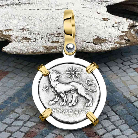Ancient Greek Lion & Apollo Miletos Silver Drachm 350 BC 14K Gold and Sterling Silver Pendant