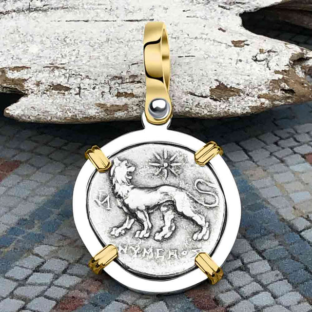 Ancient Greek Lion & Apollo Miletos Silver Drachm 350 BC 14K Gold and Sterling Silver Pendant