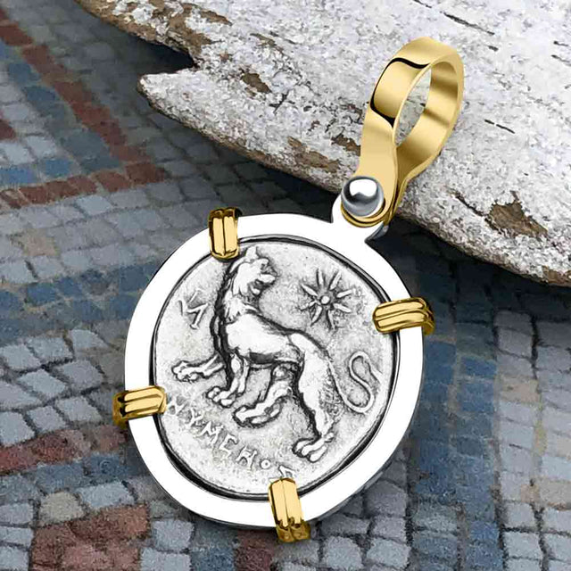Ancient Greek Lion & Apollo Miletos Silver Drachm 350 BC 14K Gold and Sterling Silver Pendant