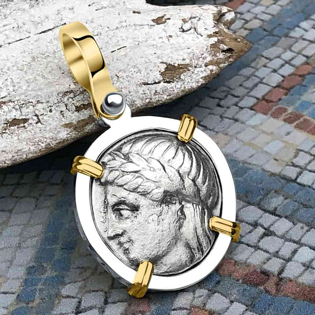 Ancient Greek Lion & Apollo Miletos Silver Drachm 350 BC 14K Gold and Sterling Silver Pendant