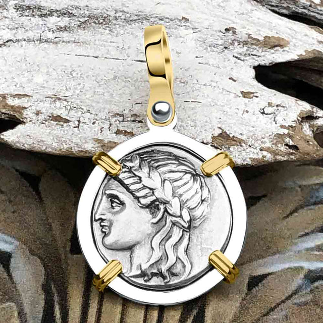Ancient Greek Lion & Apollo Miletos Silver Drachm 350 BC 14K Gold and Sterling Silver Pendant