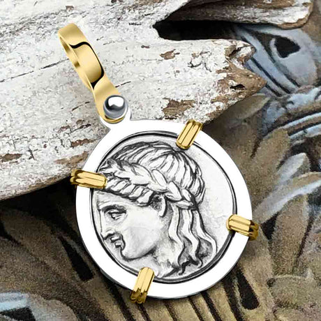 Ancient Greek Lion & Apollo Miletos Silver Drachm 350 BC 14K Gold and Sterling Silver Pendant