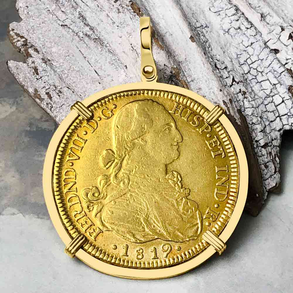 1819 Spanish 22K Gold 8 Escudo Portrait Coin - the Legendary Doubloon - 18K Gold Pendant | Artifact #3830