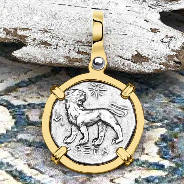 Ancient Greek Lion & Apollo Miletos Silver Drachm 350 BC 14K Gold Pendant
