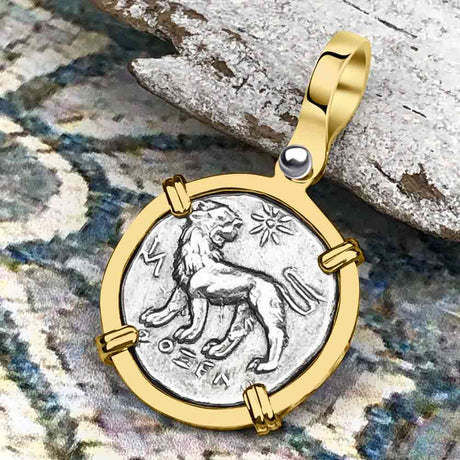 Ancient Greek Lion & Apollo Miletos Silver Drachm 350 BC 14K Gold Pendant