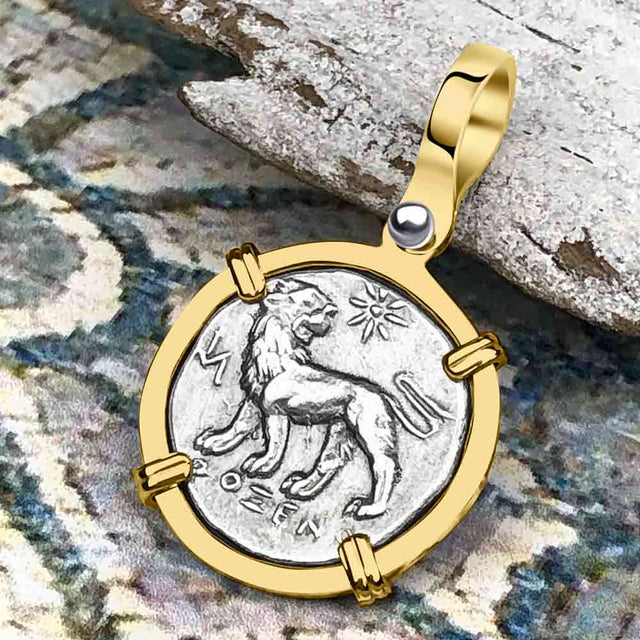 Ancient Greek Lion & Apollo Miletos Silver Drachm 350 BC 14K Gold Pendant